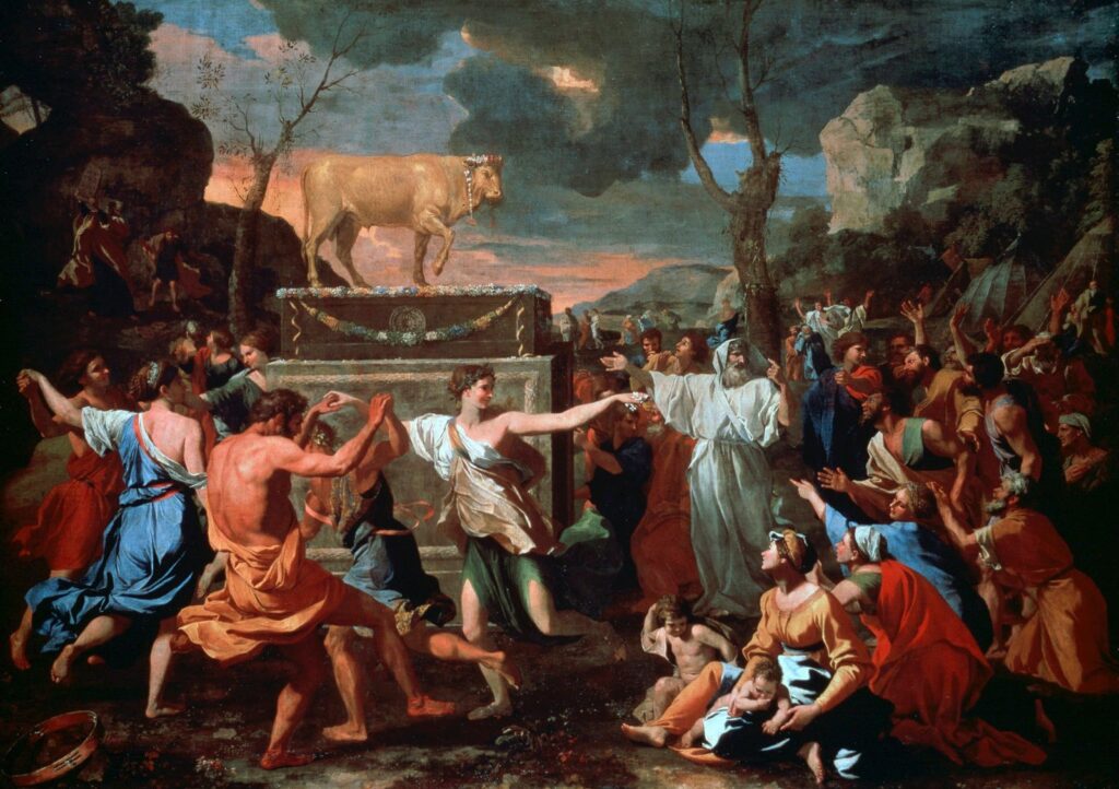 Looking at 2020 in hindsight reveals apostasy in American Christianity. This picture shows the Adoration of the Golden Calf, oil on canvas by Nicolas Poussin, c. 1634. The worship of the golden calf was an apostasy.